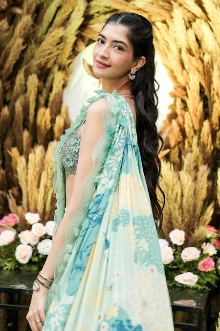 Awigna Green Chiffon, Organza Botanic Blossom Print Pre-draped Ruffle Saree With Blouse at Aza Fashions Awigna_Green Chiffon, Organza Botanic Blossom Print Pre-draped Ruffle Saree With Blouse_at_Aza_Fashions
