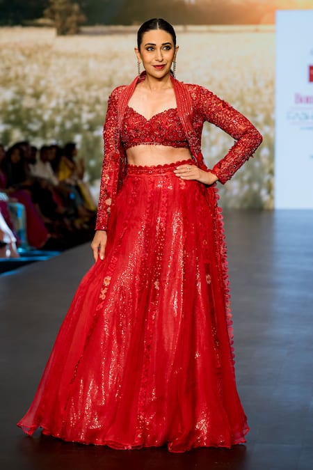 Awigna Red Organza Embroidery Sequin Kirmizi Lazer Cut Embellished Lehenga Set 