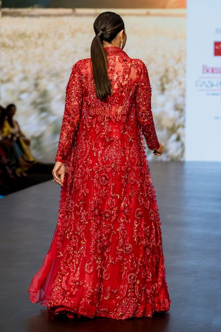 Shop_Awigna_Red Organza, Satin, Net Sequins Kirmizi Lazer Cut Embellished Lehenga Set _at_Aza_Fashions