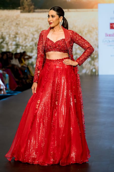Awigna_Red Organza, Satin, Net Sequins Kirmizi Lazer Cut Embellished Lehenga Set _Online_at_Aza_Fashions