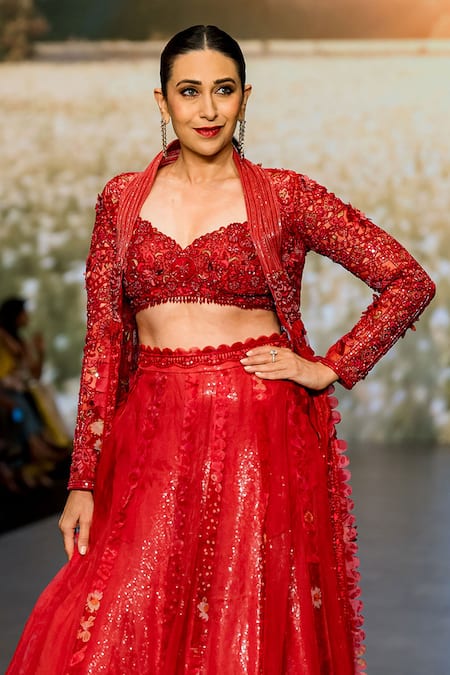 Buy_Awigna_Red Organza, Satin, Net Sequins Kirmizi Lazer Cut Embellished Lehenga Set _Online_at_Aza_Fashions
