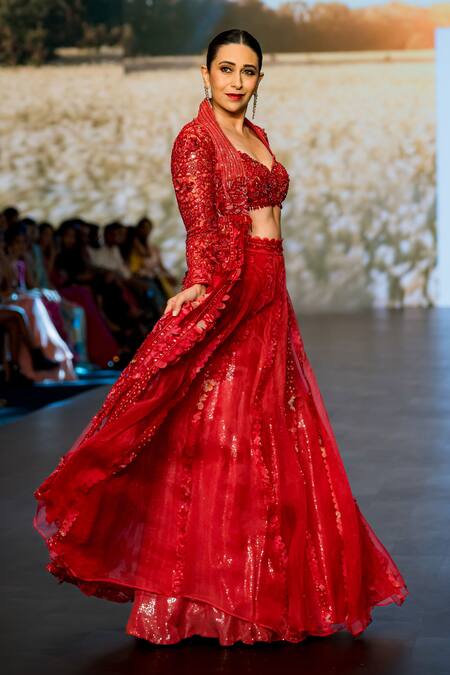 Shop_Awigna_Red Organza, Satin, Net Sequins Kirmizi Lazer Cut Embellished Lehenga Set _Online_at_Aza_Fashions