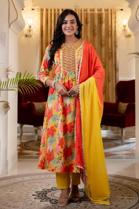 Kohsh Yellow Chiffon Embroidery, Mirrors V-neck Floral Pattern Yoke Kurta Pant Set Online at Aza Fashions Kohsh_Yellow Chiffon Embroidery, Mirrors V-neck Floral Pattern Yoke Kurta Pant Set_Online_at_Aza_Fashions