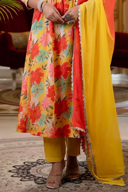 Shop Kohsh Yellow Chiffon Embroidery, Mirrors V-neck Floral Pattern Yoke Kurta Pant Set Online at Aza Fashions Shop_Kohsh_Yellow Chiffon Embroidery, Mirrors V-neck Floral Pattern Yoke Kurta Pant Set_Online_at_Aza_Fashions