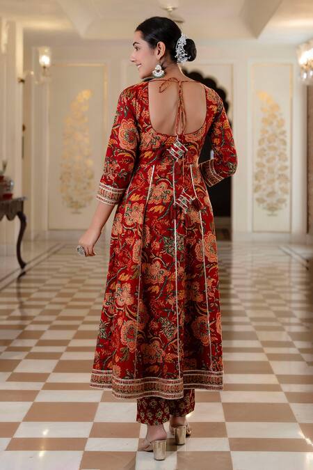 Shop Kohsh Maroon Cotton Embroidery, Gota Patti V-neck Floral Print Anarkali Pant Set at Aza Fashions Shop_Kohsh_Maroon Cotton Embroidery, Gota Patti V-neck Floral Print Anarkali Pant Set_at_Aza_Fashions
