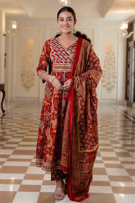 Kohsh Maroon Cotton Embroidery, Gota Patti V-neck Floral Print Anarkali Pant Set Online at Aza Fashions Kohsh_Maroon Cotton Embroidery, Gota Patti V-neck Floral Print Anarkali Pant Set_Online_at_Aza_Fashions