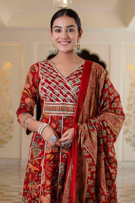 Buy Kohsh Maroon Cotton Embroidery, Gota Patti V-neck Floral Print Anarkali Pant Set Online at Aza Fashions Buy_Kohsh_Maroon Cotton Embroidery, Gota Patti V-neck Floral Print Anarkali Pant Set_Online_at_Aza_Fashions