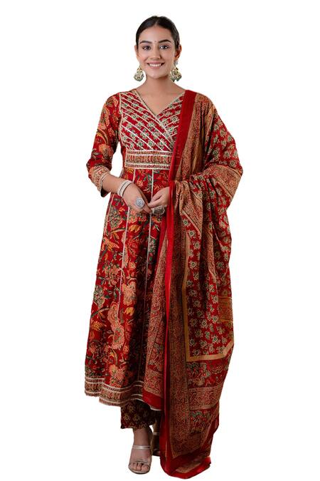 Kohsh Maroon Cotton Embroidery, Gota Patti V-neck Floral Print Anarkali Pant Set at Aza Fashions Kohsh_Maroon Cotton Embroidery, Gota Patti V-neck Floral Print Anarkali Pant Set_at_Aza_Fashions