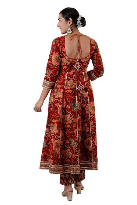 Buy Kohsh Maroon Cotton Embroidery, Gota Patti V-neck Floral Print Anarkali Pant Set Buy_Kohsh_Maroon Cotton Embroidery, Gota Patti V-neck Floral Print Anarkali Pant Set