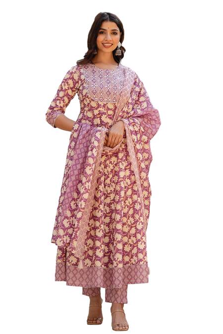Kohsh Purple Cotton Embroidery, Mirrors Round Neck Floral Pattern Kurta Pant Set Online at Aza Fashions Kohsh_Purple Cotton Embroidery, Mirrors Round Neck Floral Pattern Kurta Pant Set_Online_at_Aza_Fashions