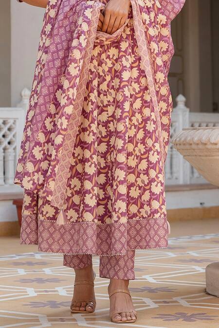 Buy Kohsh Purple Cotton Embroidery, Mirrors Round Neck Floral Pattern Kurta Pant Set Online at Aza Fashions Buy_Kohsh_Purple Cotton Embroidery, Mirrors Round Neck Floral Pattern Kurta Pant Set_Online_at_Aza_Fashions