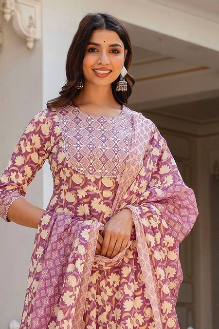 Shop Kohsh Purple Cotton Embroidery, Mirrors Round Neck Floral Pattern Kurta Pant Set Online at Aza Fashions Shop_Kohsh_Purple Cotton Embroidery, Mirrors Round Neck Floral Pattern Kurta Pant Set_Online_at_Aza_Fashions