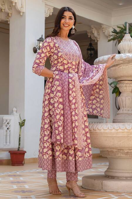Kohsh Purple Cotton Embroidery, Mirrors Round Neck Floral Pattern Kurta Pant Set at Aza Fashions Kohsh_Purple Cotton Embroidery, Mirrors Round Neck Floral Pattern Kurta Pant Set_at_Aza_Fashions
