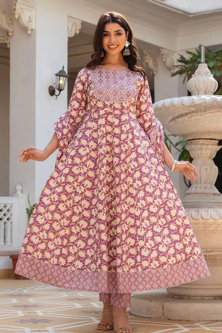 Buy Kohsh Purple Cotton Embroidery, Mirrors Round Neck Floral Pattern Kurta Pant Set Buy_Kohsh_Purple Cotton Embroidery, Mirrors Round Neck Floral Pattern Kurta Pant Set