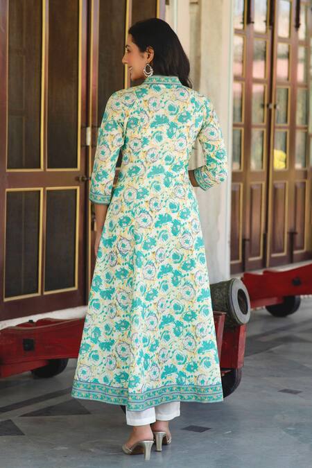 Shop Kohsh Green Cotton Embroidery, Pearls High Neck, Floral Print Anarkali Pant Set at Aza Fashions Shop_Kohsh_Green Cotton Embroidery, Pearls High Neck, Floral Print Anarkali Pant Set_at_Aza_Fashions