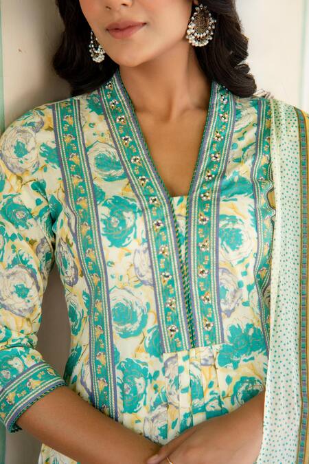 Kohsh_Green Cotton Embroidery, Pearls High Neck, Floral Print Anarkali Pant Set_Online_at_Aza_Fashions