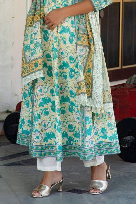 Shop Kohsh Green Cotton Embroidery, Pearls High Neck, Floral Print Anarkali Pant Set Online at Aza Fashions Shop_Kohsh_Green Cotton Embroidery, Pearls High Neck, Floral Print Anarkali Pant Set_Online_at_Aza_Fashions