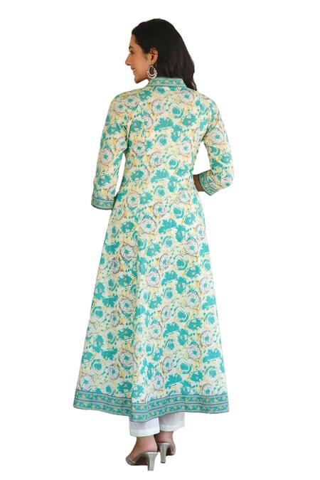 Shop Kohsh Green Cotton Embroidery, Pearls High Neck, Floral Print Anarkali Pant Set Shop_Kohsh_Green Cotton Embroidery, Pearls High Neck, Floral Print Anarkali Pant Set
