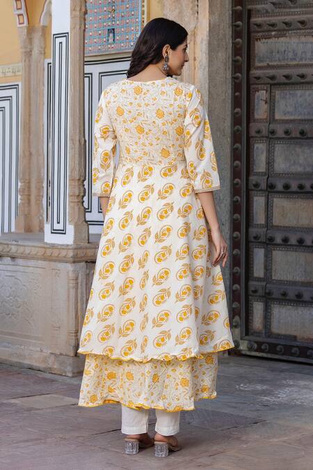 Shop Kohsh Yellow Cotton Embroidery, Pearls Round Floral Pattern Angarkha Anarkali Pant Set at Aza Fashions Shop_Kohsh_Yellow Cotton Embroidery, Pearls Round Floral Pattern Angarkha Anarkali Pant Set_at_Aza_Fashions