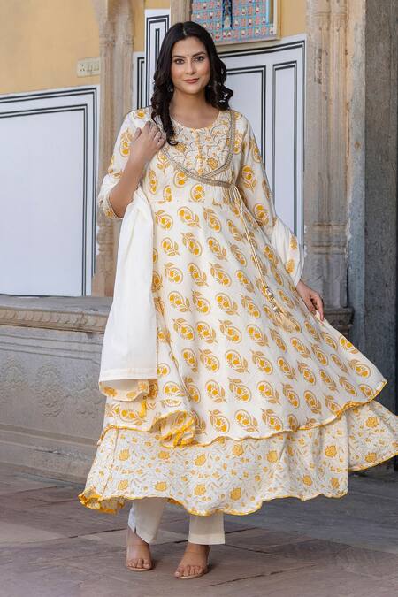 Kohsh Yellow Cotton Embroidery, Pearls Round Floral Pattern Angarkha Anarkali Pant Set Online at Aza Fashions Kohsh_Yellow Cotton Embroidery, Pearls Round Floral Pattern Angarkha Anarkali Pant Set_Online_at_Aza_Fashions