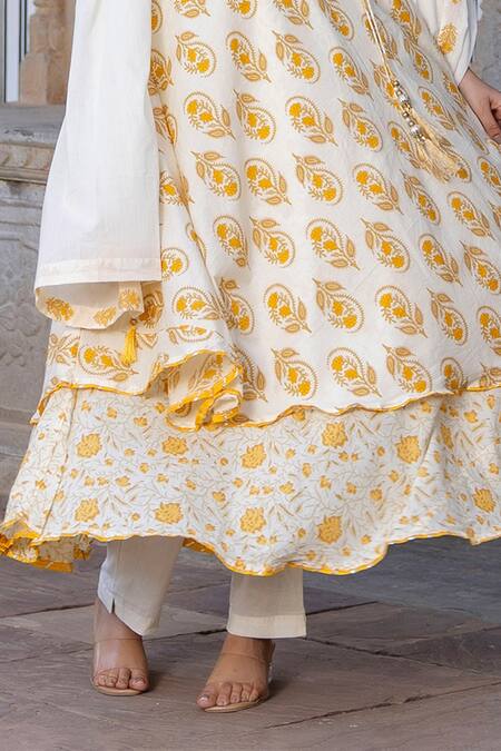 Buy Kohsh Yellow Cotton Embroidery, Pearls Round Floral Pattern Angarkha Anarkali Pant Set Online at Aza Fashions Buy_Kohsh_Yellow Cotton Embroidery, Pearls Round Floral Pattern Angarkha Anarkali Pant Set_Online_at_Aza_Fashions
