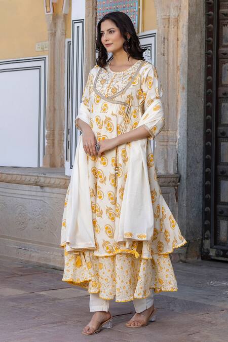 Shop Kohsh Yellow Cotton Embroidery, Pearls Round Floral Pattern Angarkha Anarkali Pant Set Online at Aza Fashions Shop_Kohsh_Yellow Cotton Embroidery, Pearls Round Floral Pattern Angarkha Anarkali Pant Set_Online_at_Aza_Fashions