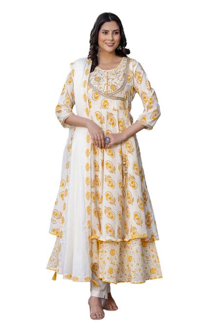 Buy Kohsh Yellow Cotton Embroidery, Pearls Round Floral Pattern Angarkha Anarkali Pant Set Buy_Kohsh_Yellow Cotton Embroidery, Pearls Round Floral Pattern Angarkha Anarkali Pant Set