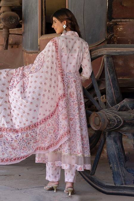 Shop Kohsh Pink Cotton Embroidery, Sequins Collared Floral Print Anarkali Pant Set at Aza Fashions Shop_Kohsh_Pink Cotton Embroidery, Sequins Collared Floral Print Anarkali Pant Set_at_Aza_Fashions