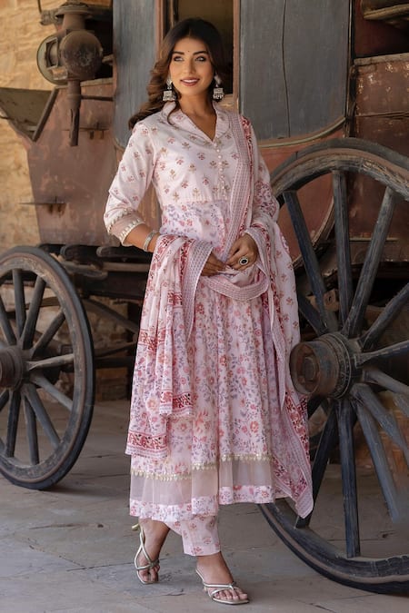 Kohsh Pink Cotton Embroidery, Sequins Collared Floral Print Anarkali Pant Set Online at Aza Fashions Kohsh_Pink Cotton Embroidery, Sequins Collared Floral Print Anarkali Pant Set_Online_at_Aza_Fashions