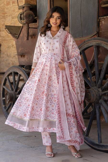 Buy Kohsh Pink Cotton Embroidery, Sequins Collared Floral Print Anarkali Pant Set Online at Aza Fashions Buy_Kohsh_Pink Cotton Embroidery, Sequins Collared Floral Print Anarkali Pant Set_Online_at_Aza_Fashions