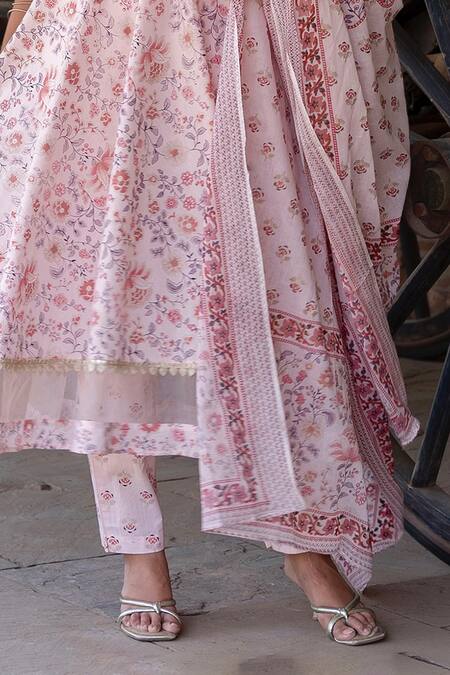 Shop Kohsh Pink Cotton Embroidery, Sequins Collared Floral Print Anarkali Pant Set Online at Aza Fashions Shop_Kohsh_Pink Cotton Embroidery, Sequins Collared Floral Print Anarkali Pant Set_Online_at_Aza_Fashions