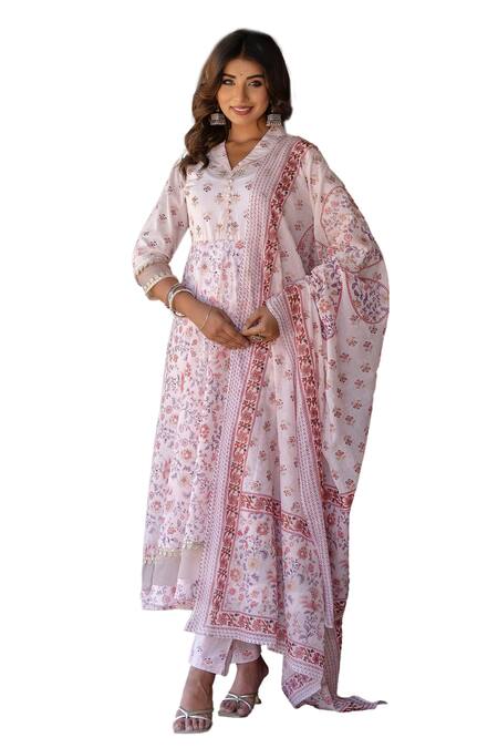Kohsh Pink Cotton Embroidery, Sequins Collared Floral Print Anarkali Pant Set at Aza Fashions Kohsh_Pink Cotton Embroidery, Sequins Collared Floral Print Anarkali Pant Set_at_Aza_Fashions