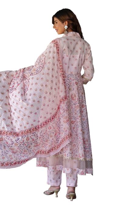 Buy Kohsh Pink Cotton Embroidery, Sequins Collared Floral Print Anarkali Pant Set Buy_Kohsh_Pink Cotton Embroidery, Sequins Collared Floral Print Anarkali Pant Set
