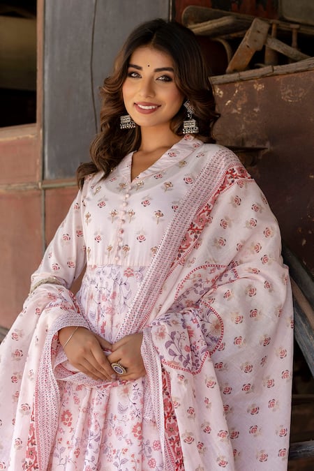 Shop_Kohsh_Pink Cotton Embroidery, Sequins Collared Floral Print Anarkali Pant Set