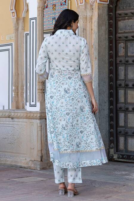 Shop Kohsh Blue Cotton, Organza Embroidery, Sequins Floral Print Anarkali Pant Set at Aza Fashions Shop_Kohsh_Blue Cotton, Organza Embroidery, Sequins Floral Print Anarkali Pant Set_at_Aza_Fashions