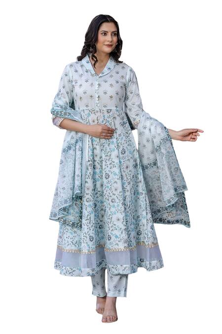 Kohsh Blue Cotton, Organza Embroidery, Sequins Floral Print Anarkali Pant Set Online at Aza Fashions Kohsh_Blue Cotton, Organza Embroidery, Sequins Floral Print Anarkali Pant Set_Online_at_Aza_Fashions