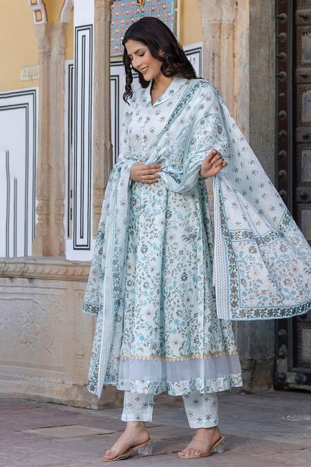Buy Kohsh Blue Cotton, Organza Embroidery, Sequins Floral Print Anarkali Pant Set Online at Aza Fashions Buy_Kohsh_Blue Cotton, Organza Embroidery, Sequins Floral Print Anarkali Pant Set_Online_at_Aza_Fashions