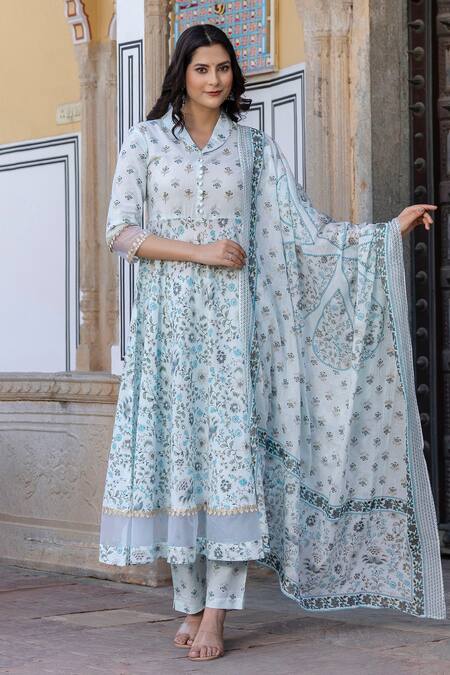 Shop Kohsh Blue Cotton, Organza Embroidery, Sequins Floral Print Anarkali Pant Set Online at Aza Fashions Shop_Kohsh_Blue Cotton, Organza Embroidery, Sequins Floral Print Anarkali Pant Set_Online_at_Aza_Fashions