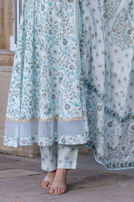 Kohsh Blue Cotton, Organza Embroidery, Sequins Floral Print Anarkali Pant Set at Aza Fashions Kohsh_Blue Cotton, Organza Embroidery, Sequins Floral Print Anarkali Pant Set_at_Aza_Fashions