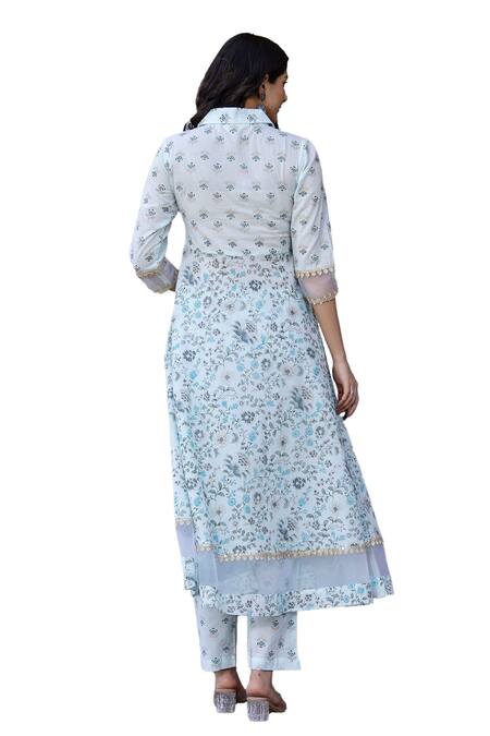 Buy Kohsh Blue Cotton, Organza Embroidery, Sequins Floral Print Anarkali Pant Set Buy_Kohsh_Blue Cotton, Organza Embroidery, Sequins Floral Print Anarkali Pant Set