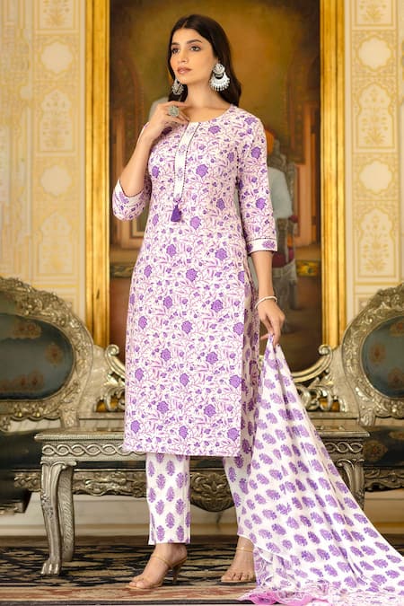 Kohsh Purple Cotton Print Periwinkle Bloom Round Neck Kurta Pant Set