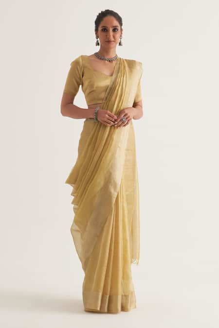 FIVE POINT FIVE Yellow Tissue Stripe Sudha Saree With Unstitched Blouse Piece 