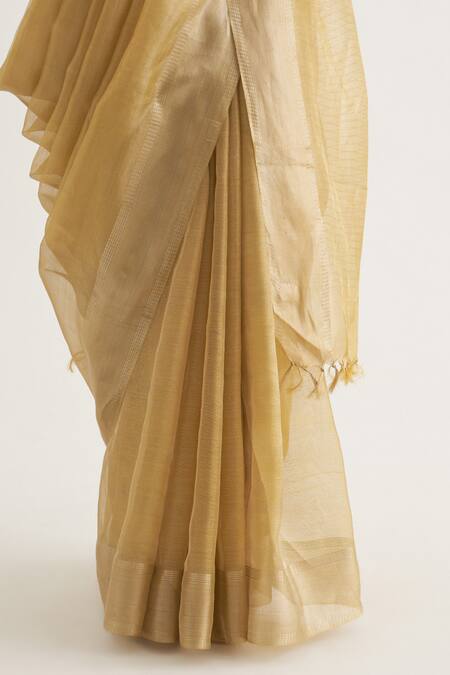 Five Point Five Yellow Tissue Sudha Saree With Unstitched Blouse Piece at Aza Fashions Five Point Five_Yellow Tissue Sudha Saree With Unstitched Blouse Piece_at_Aza_Fashions