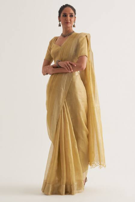 Buy Five Point Five Yellow Tissue Sudha Saree With Unstitched Blouse Piece Buy_Five Point Five_Yellow Tissue Sudha Saree With Unstitched Blouse Piece