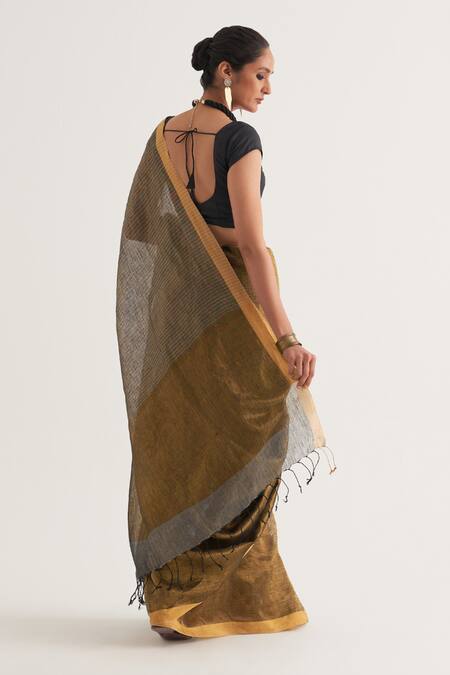 Shop Five Point Five Gold Linen, Tissue Abha Stripe Pattern Saree With Unstitched Blouse Piece at Aza Fashions Shop_Five Point Five_Gold Linen, Tissue Abha Stripe Pattern Saree With Unstitched Blouse Piece_at_Aza_Fashions