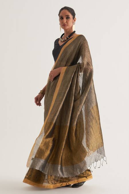 Buy Five Point Five Gold Linen, Tissue Abha Stripe Pattern Saree With Unstitched Blouse Piece Online at Aza Fashions Buy_Five Point Five_Gold Linen, Tissue Abha Stripe Pattern Saree With Unstitched Blouse Piece_Online_at_Aza_Fashions
