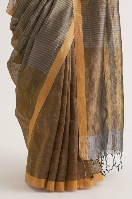 Shop Five Point Five Gold Linen, Tissue Abha Stripe Pattern Saree With Unstitched Blouse Piece Online at Aza Fashions Shop_Five Point Five_Gold Linen, Tissue Abha Stripe Pattern Saree With Unstitched Blouse Piece_Online_at_Aza_Fashions