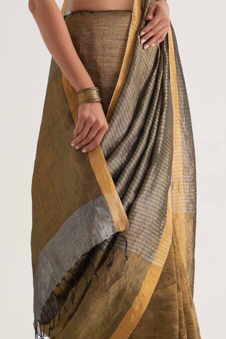 Buy Five Point Five Gold Linen, Tissue Abha Stripe Pattern Saree With Unstitched Blouse Piece Buy_Five Point Five_Gold Linen, Tissue Abha Stripe Pattern Saree With Unstitched Blouse Piece
