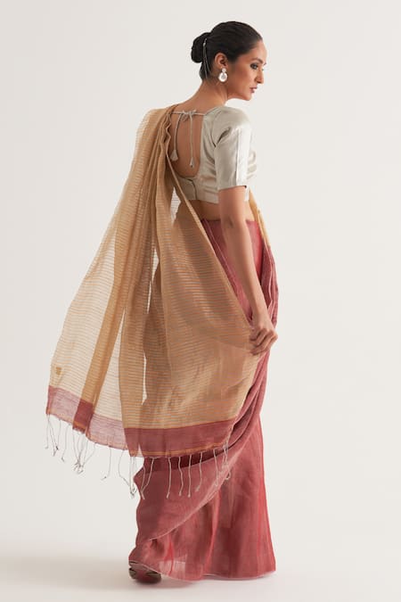Shop Five Point Five Maroon Tissue, Linen Damini Stripe Pattern Saree With Unstitched Blouse Piece at Aza Fashions Shop_Five Point Five_Maroon Tissue, Linen Damini Stripe Pattern Saree With Unstitched Blouse Piece _at_Aza_Fashions