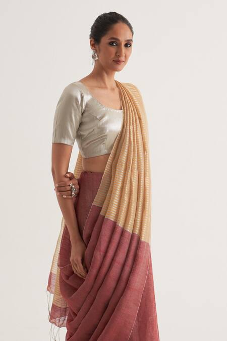 Five Point Five Maroon Tissue, Linen Damini Stripe Pattern Saree With Unstitched Blouse Piece Online at Aza Fashions Five Point Five_Maroon Tissue, Linen Damini Stripe Pattern Saree With Unstitched Blouse Piece _Online_at_Aza_Fashions
